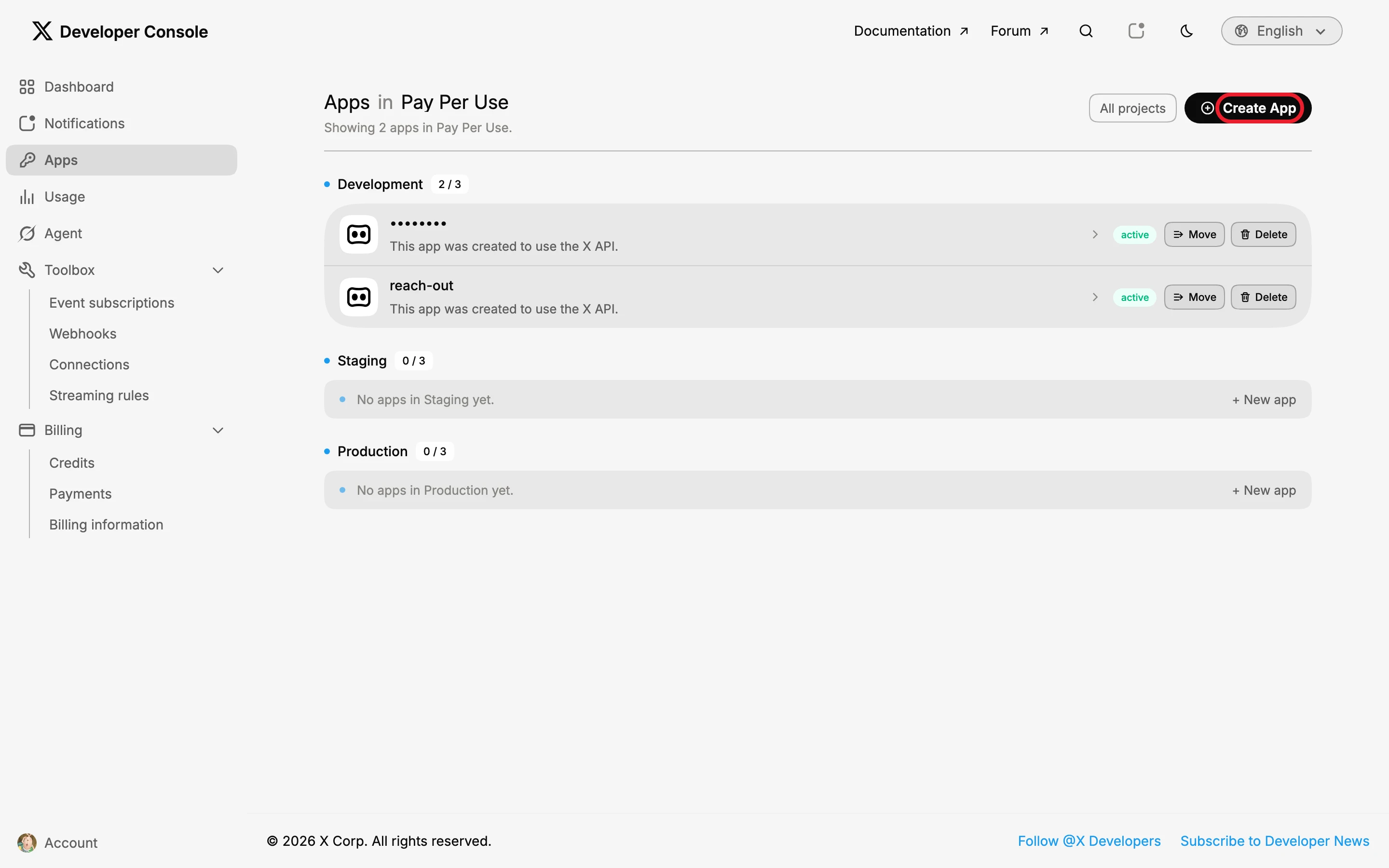 Developer Console 的 Apps 页面,右上角是 Create App 按钮。