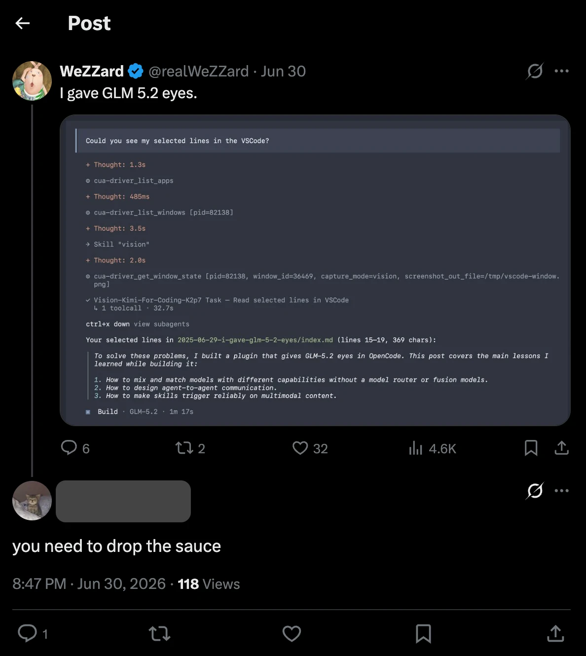 X post by WeZZard showing GLM 5.2 completing a visual task in OpenCode, with replies asking to share the approach