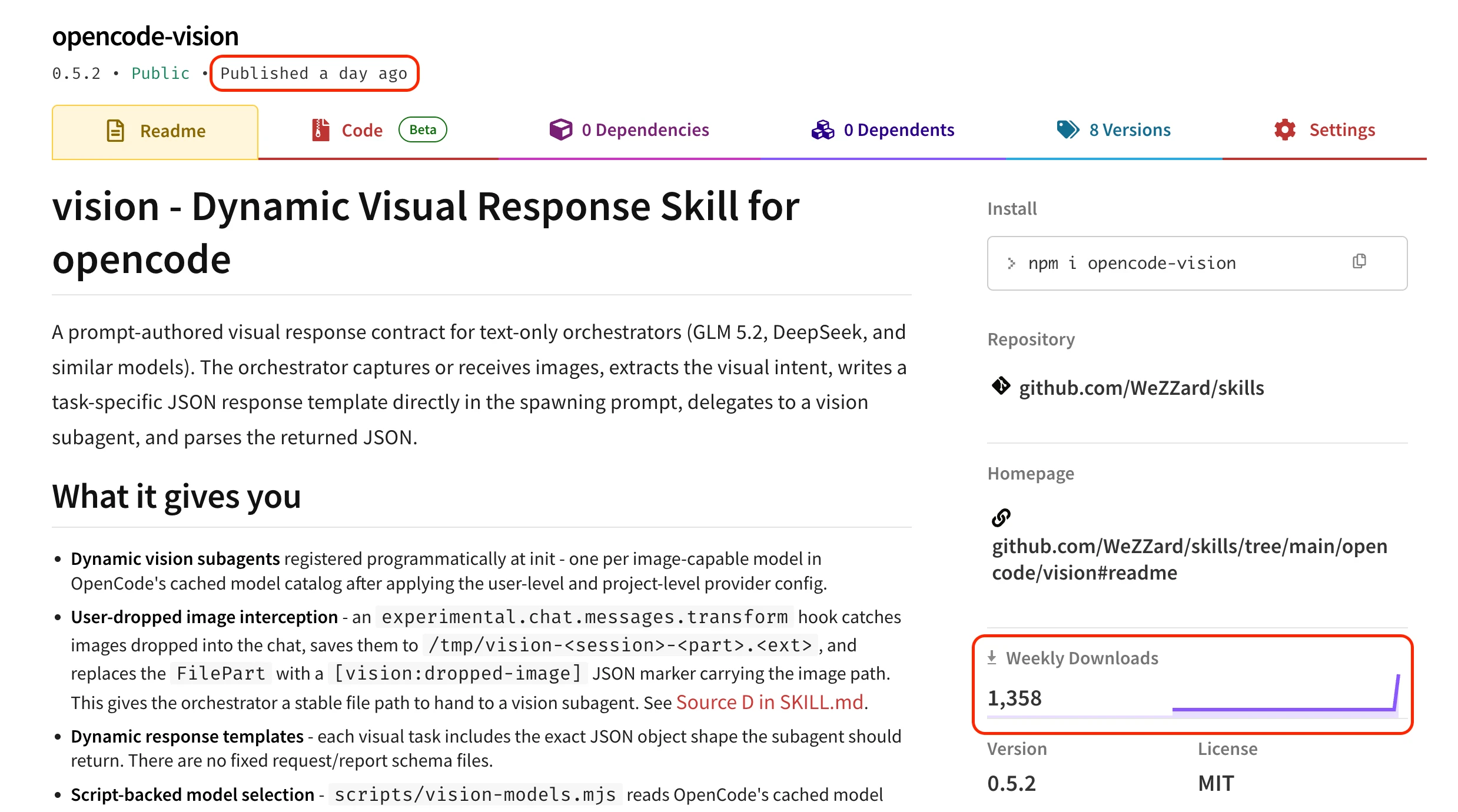 npm package page for opencode-vision showing 1,358 weekly downloads