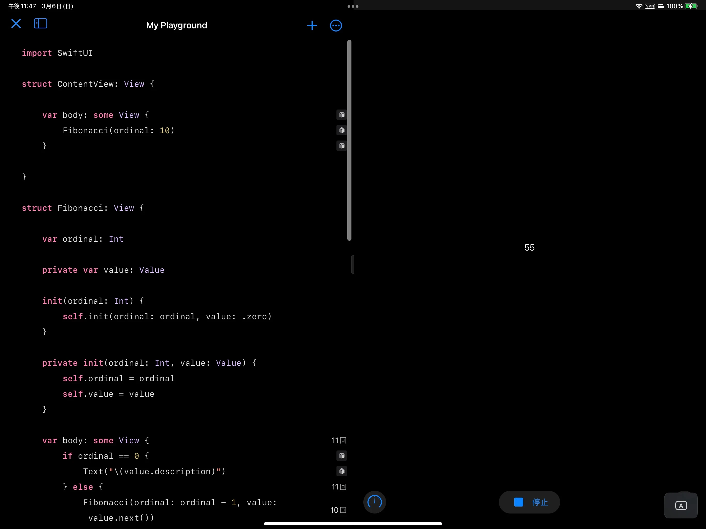 Fibonacci Number run on Swift Playground