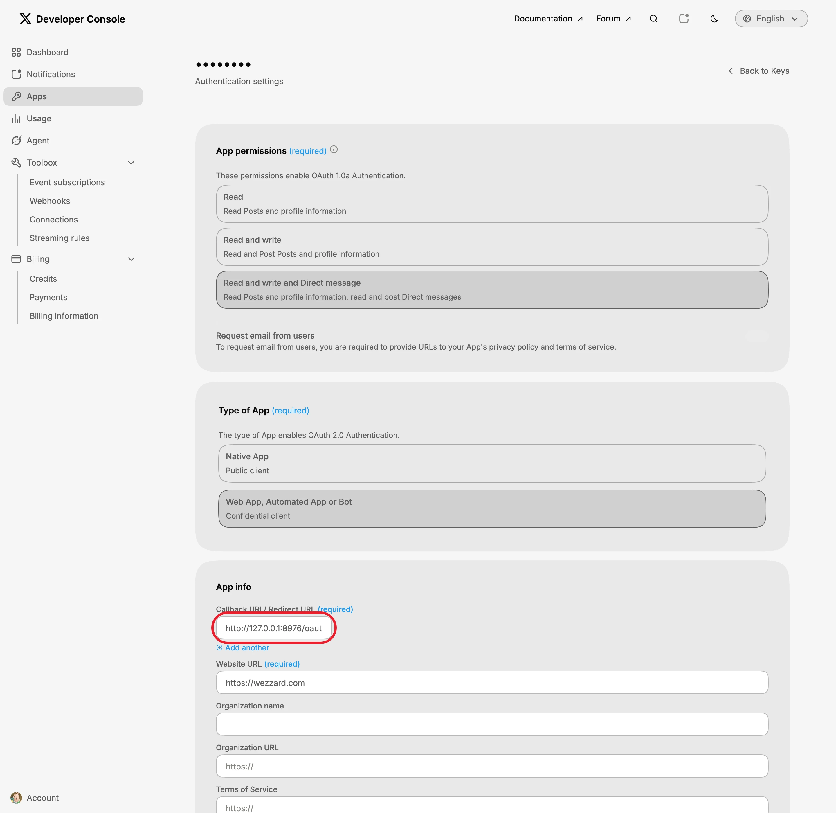 Authentication settings 页面,App info 下的 Callback URI / Redirect URL 输入框。