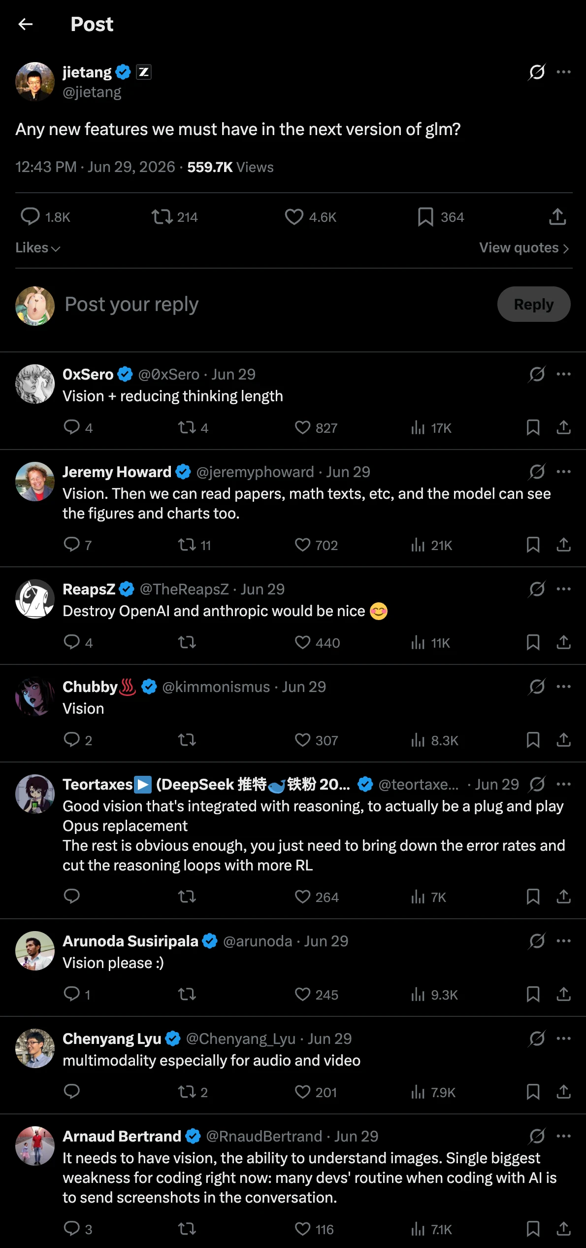 X post by jietang asking for GLM feature requests, with replies overwhelmingly requesting vision support